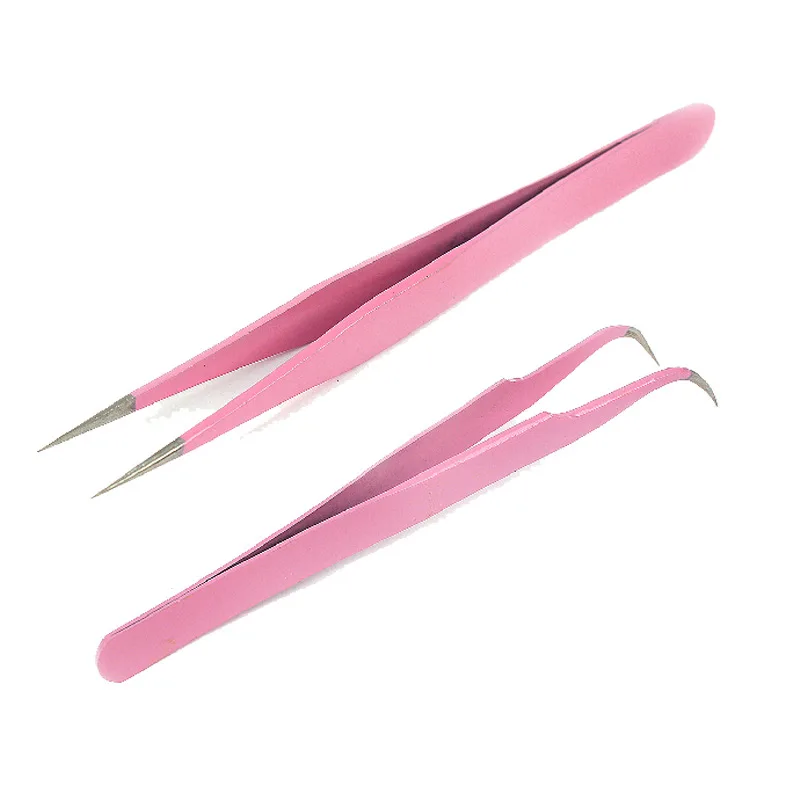 

2pcs Pink Stainless Steel Tweezers Straight Curved Pick Up Tools Eyelash Extension Pointed Nipper Clip Manicure Nail Art Tool