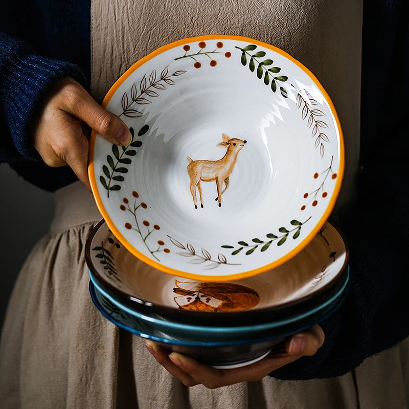 

Tigela de cerâmica de macarrão, tigela grande com design animal floresta, restaurante criativo, casa e flores