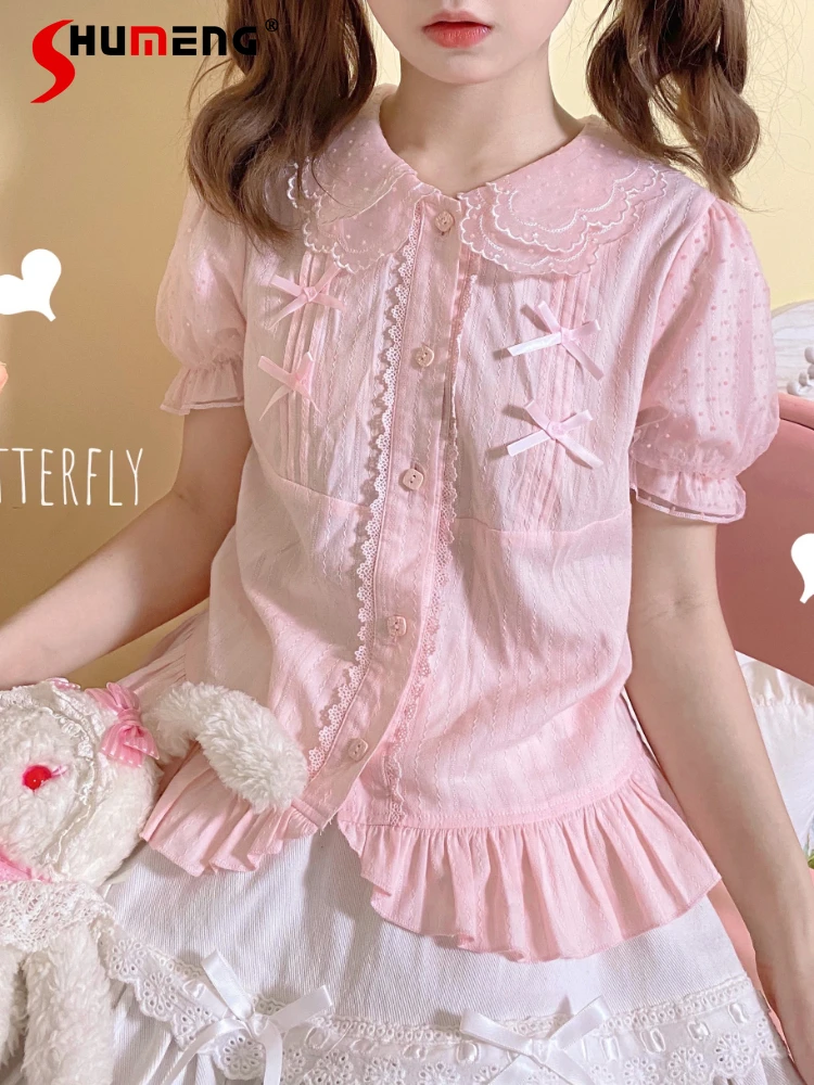 

Cute Lolita Woman Ruffles Shirt 2023 Summer New Sweet Short Sleeve Peter Pan Collar Inner Cotton Breathable Lining Blouse Female