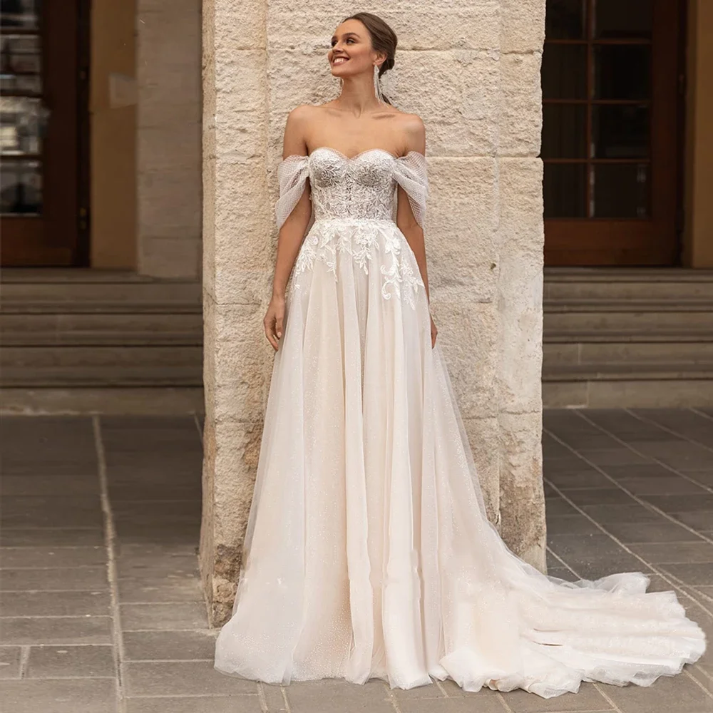 

Applique A-Line Civil Wedding Dresses For Women Lace Off the Shoulder Backless Robe Sweep Train Bride Gown