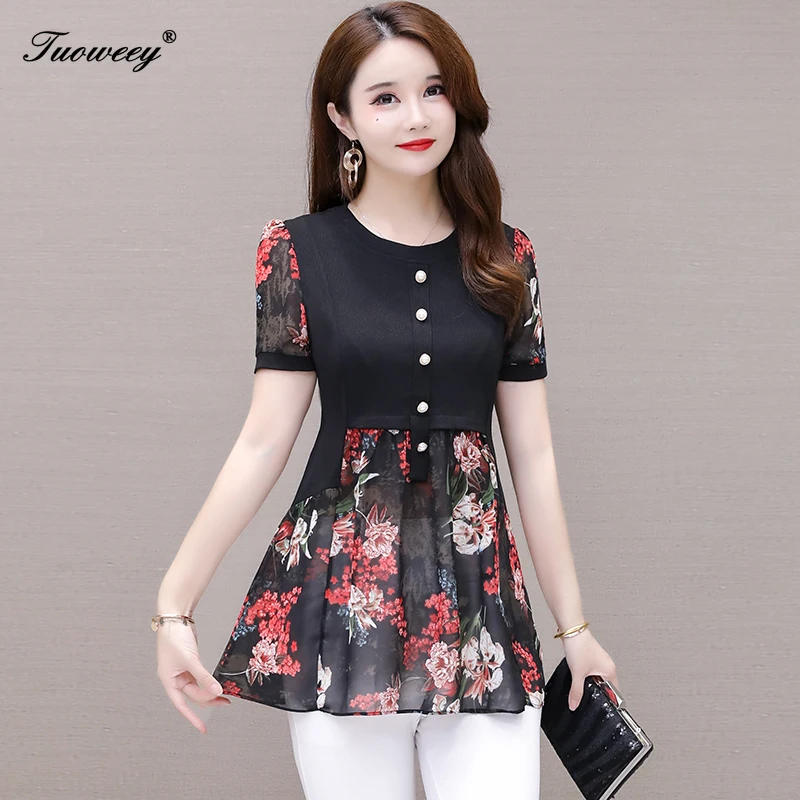 

Plus Size Women's O neck short SLEEVE Blouses shirts Summer style Tops New Floral Print Blouse Loose Print shirt Blusas