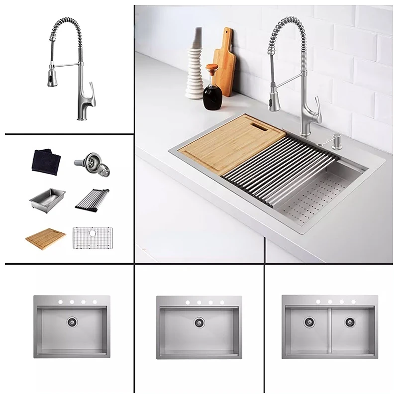 

16/18Ga. Workstation High Quality Ss Sinks 304 Stainless Steel Double Bowl Cheap Kitchen Luxury Handmade Farm Outdoor Black Sink