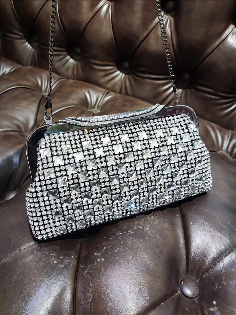

Silver Bling Shiny Rhinestones Diamond Evening Bag Women's Handbag Luxury Designer Dinner Party Clutch Purse Shoulder Chain Bag