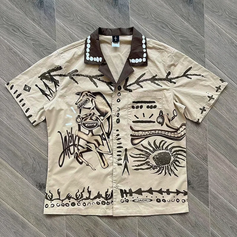 

2023 New Spring and Summer Ts Cactus Jack Button Up Graffiti Lapel Shirt Short Sleeve Men Clothing Shirts for Men Mens Shirts