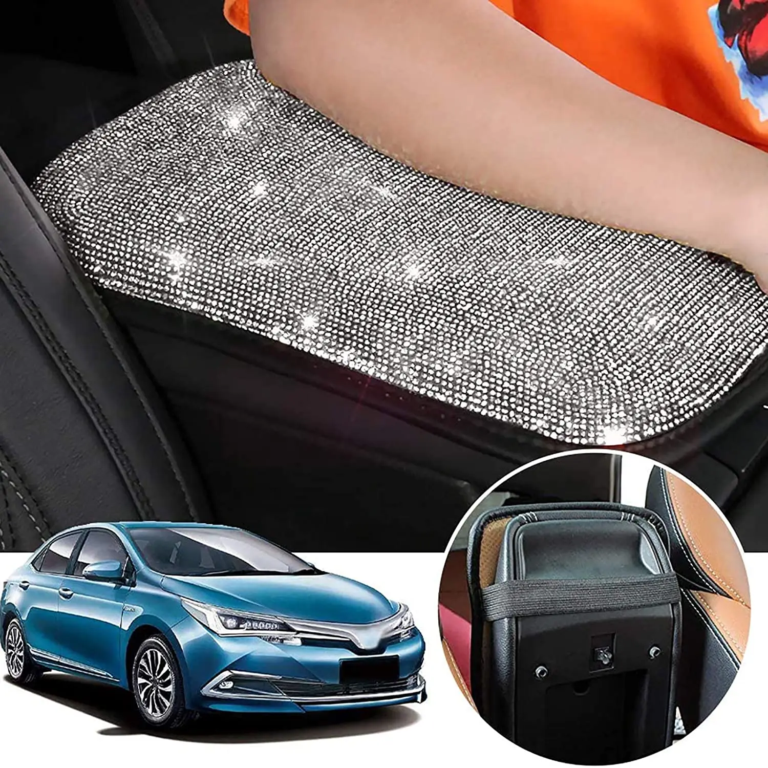 Car Armrest Cover Cute Auto Center Console Protective Case Crystal Rhinestone Cushion Pad Bling Car Interior Accessory for Women