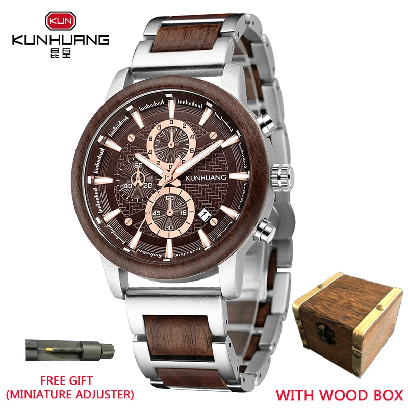 

KUNHUANG Top Brand Luxury Stylish Chronograph Military Watch Wooden Watch Men's Quartz Watch Natural Ebony Relogio Masculino