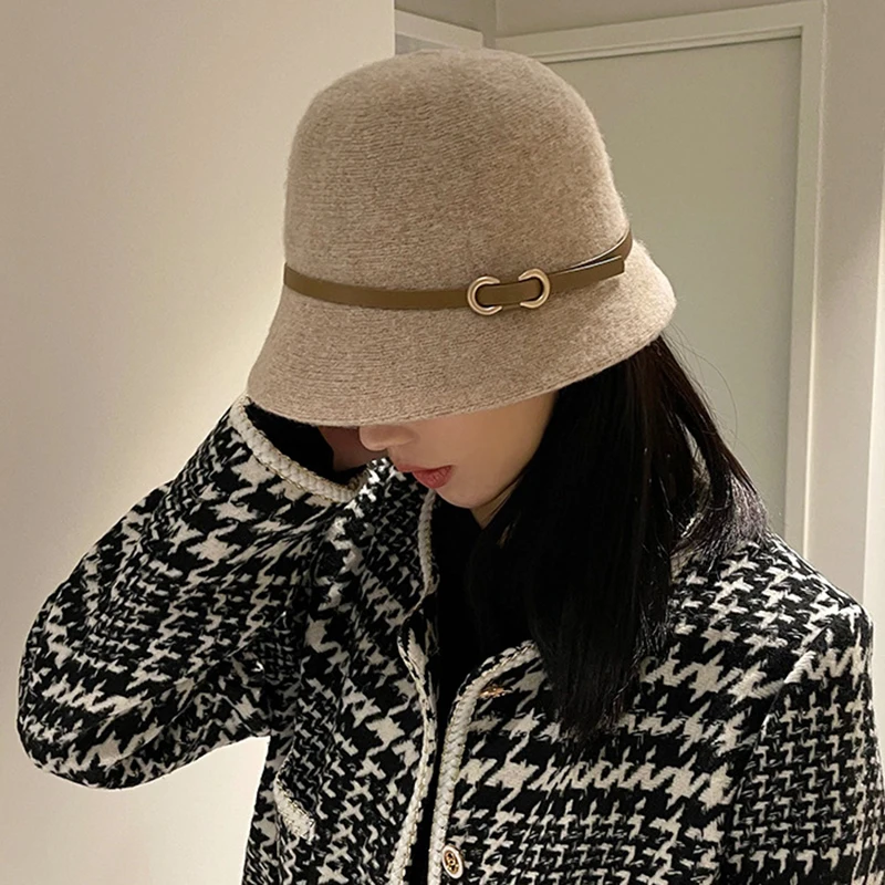 

New Fashion Unisex Solid Color Wool Winter Hat With Belt Autumn Bucket Wool Cashmere Woman Warm Fishing Hat Cap Gift Wholesale
