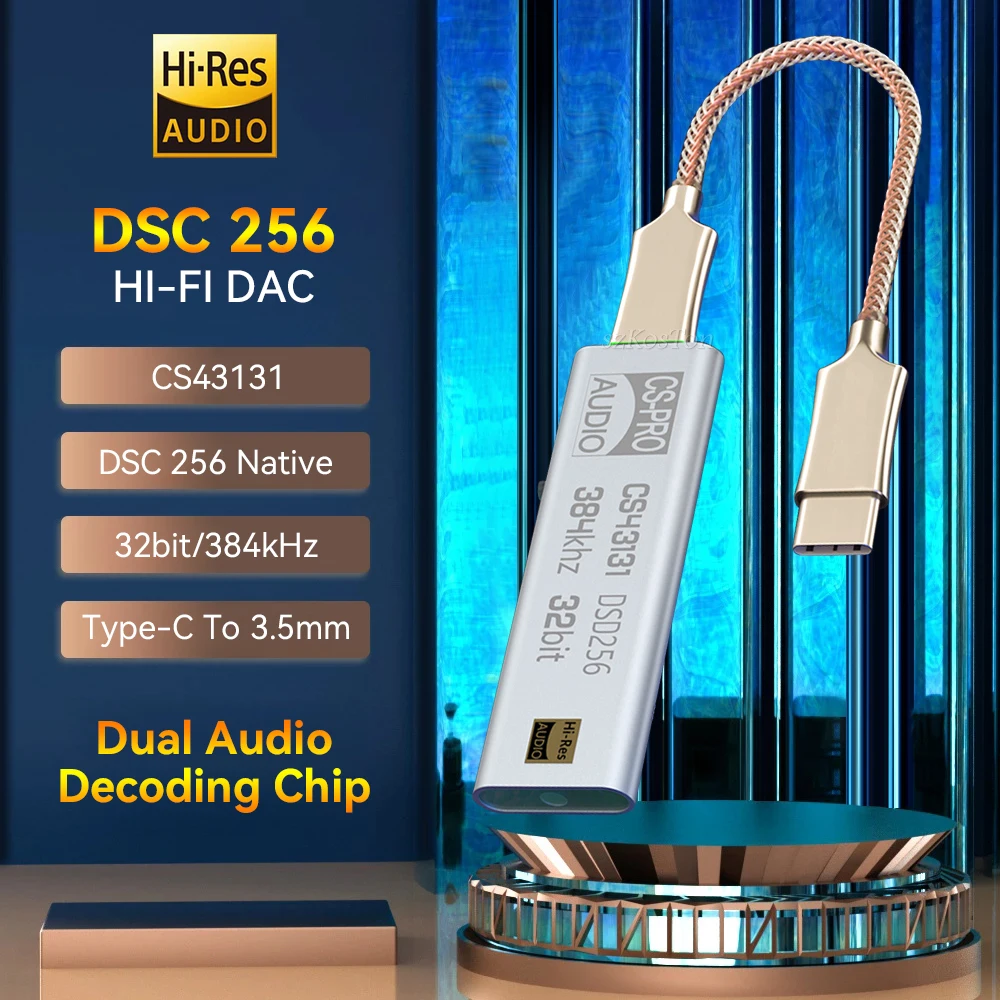 CS43131 DSD256 DAC Headphone Amplifier USB Type C with 3.5mm Output Audio Interface For iPhone PC HiFi Audio Adapter Chip Amp