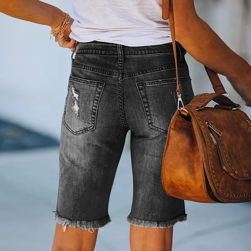 Women Summer Denim Shorts  knee Length Ripped Hole Stretch Jeans Short Pants Ladies Tassel Shorts