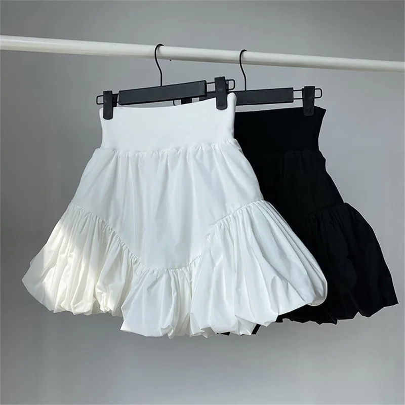 Korean Women Irregular Pleated Puffy Skirt Women's Spring Summer White High Waist Flower Bud Short Skirts