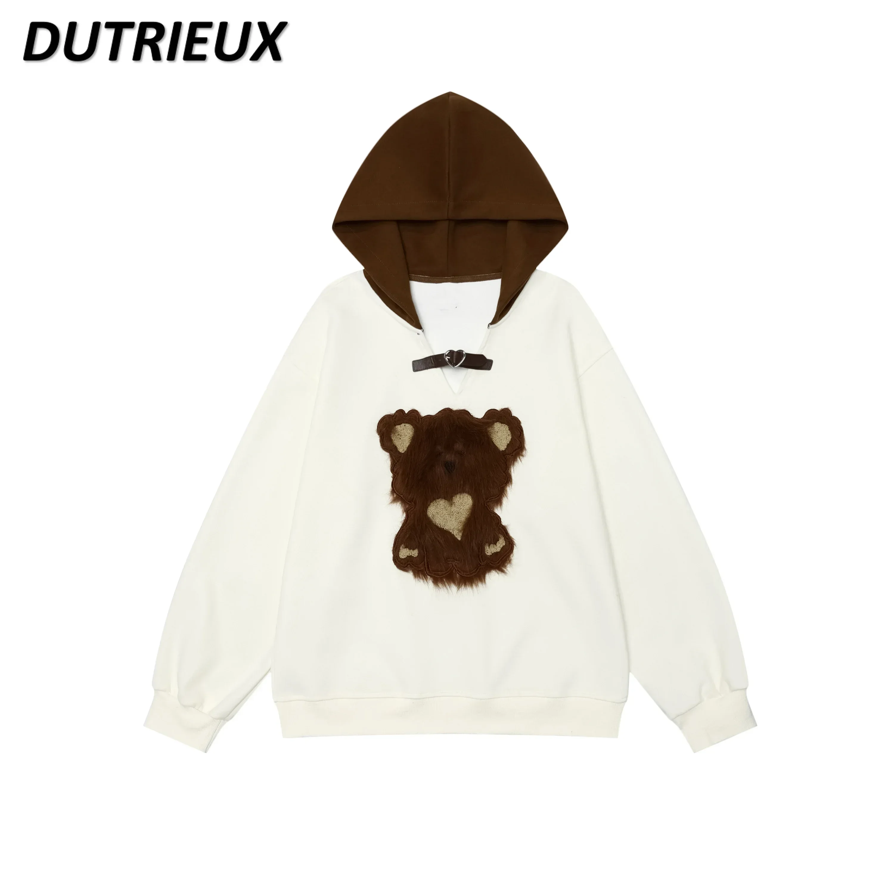 kowanej haftowanej kreskówki bluza z kapturem i dekoltem w szpic damska wiosenna jesienna słodka dziewczęca dopasowana kolorystycznie luźna