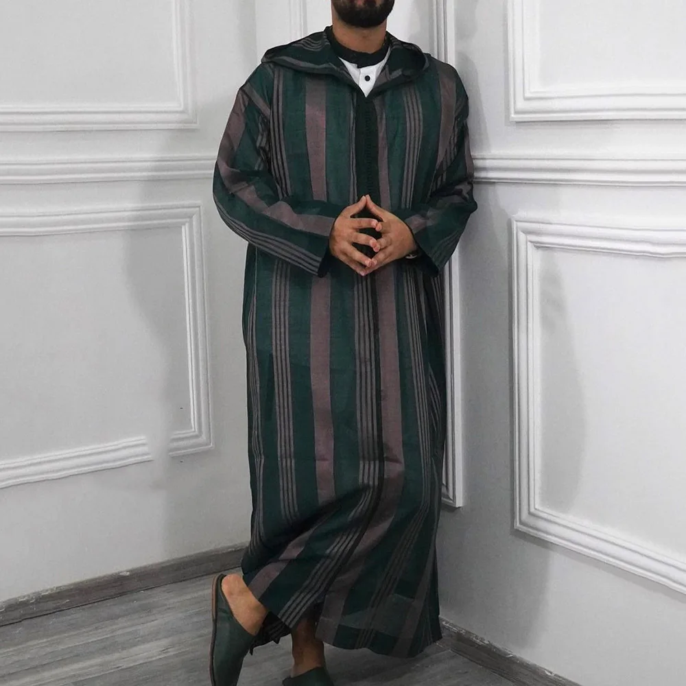 Men's Islamic Arabian Patchwork Striped Hooded Zipper Muslim Robe Autumn Fashion Casual Loose Arabian Islamic Robe 2022