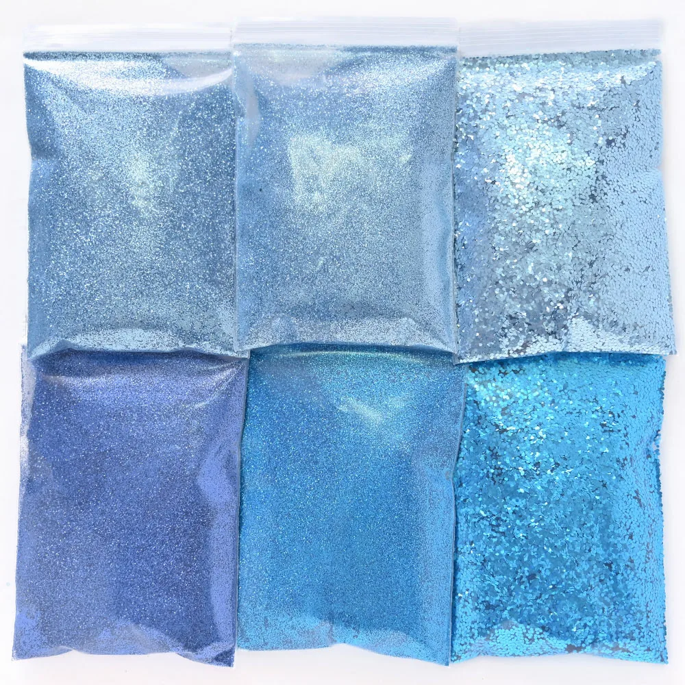 

6 Bags Starry Klein Blue Nail Glitter Set Mixed Hexagon Laser Aurora Sequins Gradient Ultra-thin Flash Sparkly Powder Nail Art