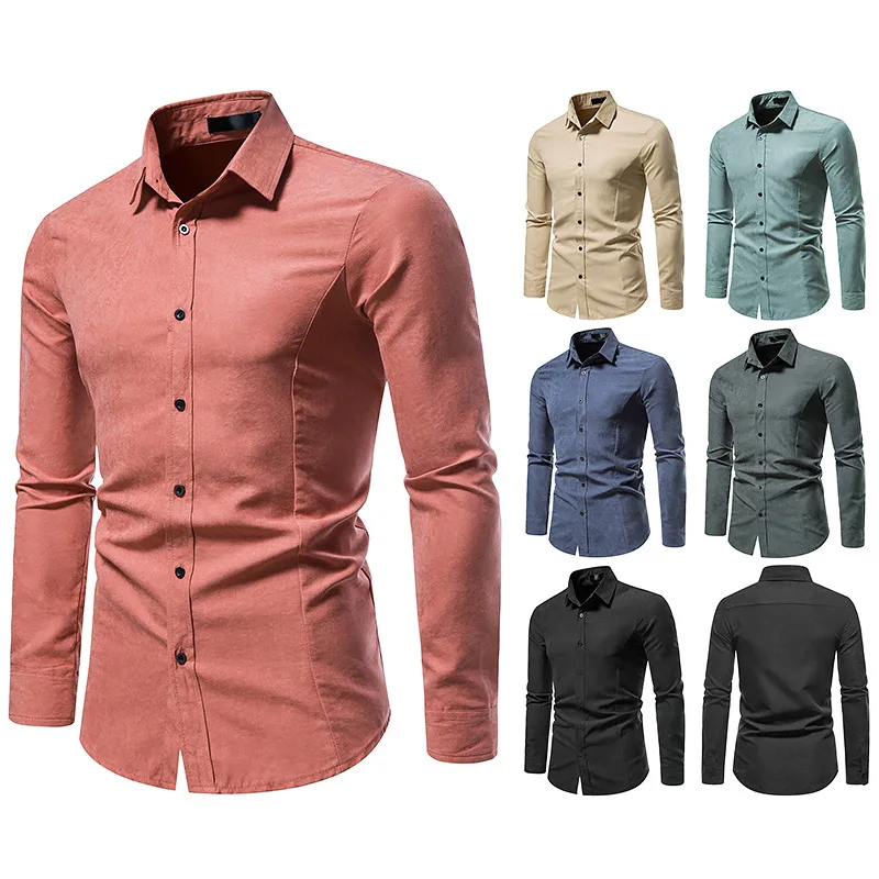 

Hollow Long Sleeve FashionSolid Color Retro Casual Button Shirt Slim Dress Shirts