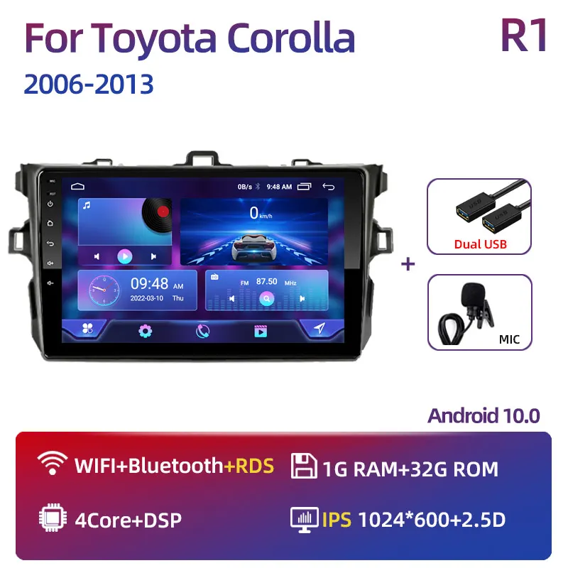

Автомагнитола 2DIN с GPS-навигацией, мультимедийный видеоплеер для Toyota Corolla E140, E150, 2006, 2007-2013, Carplay, 2DIN, стерео, Android 11