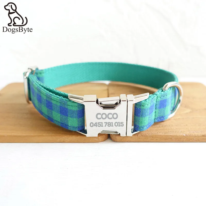 Personalised Custom Dog Collar Metal Engraving ID Polyester Blue-green Plaid