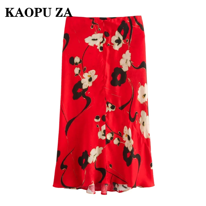 Юбка-миди Женская атласная плиссированная с высокой талией и принтом