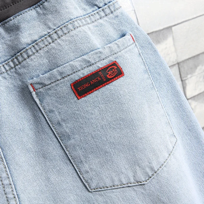 Ripped Jeans Men Denim Shorts Summer Fashion Side Stripe Streetwear Casual Light Blue Regular Straight Knee Length Pants