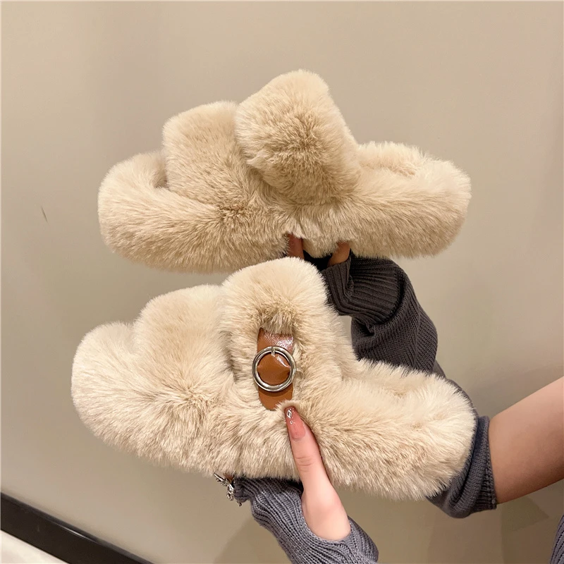 

Flock Med Fur Shoes House Slippers Platform Slipers Women Slides Plush 2022 Flat Rubber with fur Rome Basic Short House Slippers