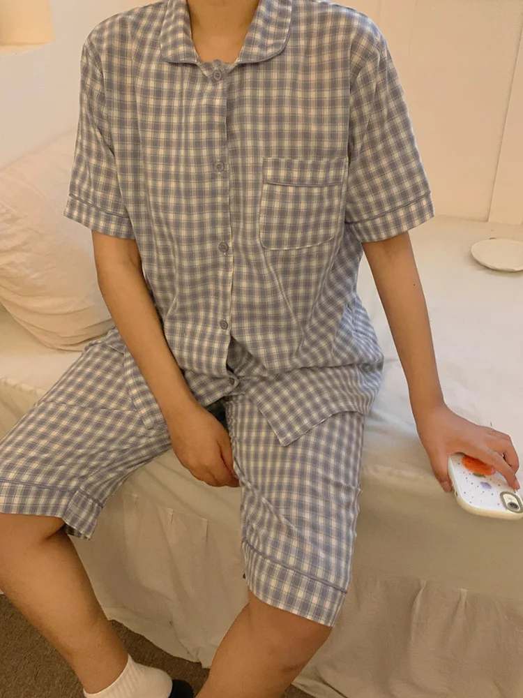 Свободная клетчатая полосатая летняя Пижама с коротким рукавом комплект для