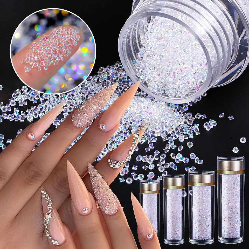 

Hot Sale Bottled Nail Glass Rhinestone Colours Luxury Ab 1MM Mini Tiny Micro Crystal AB Nail Stones Pixie Dust Rhinestones