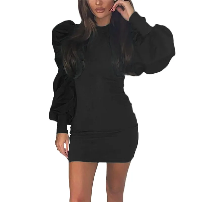 

Sexy Party Bodycon Fashion Women Wrap Dress Autumn Club Puff Sleeve Knitted Dress Crew Neck Slim Pencil Dresses Vestidos Black