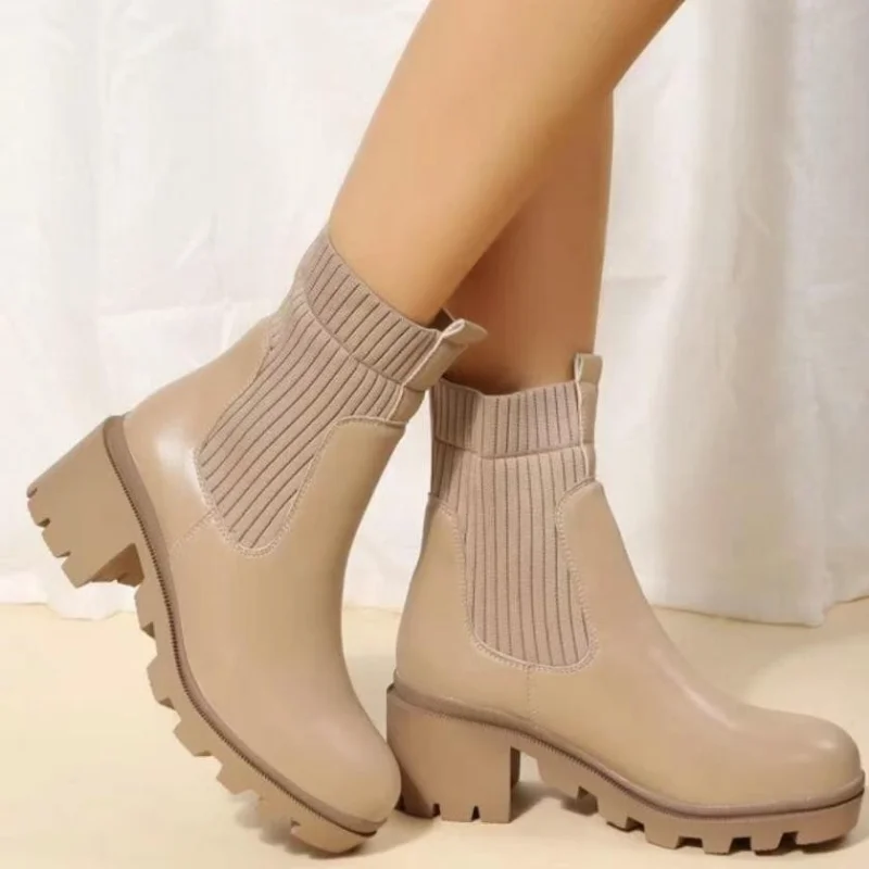 

Women's Boots 2022 Autumn Winter Fashion Boots Sexy Sock Boots Slip-on Short Boots British Style Khaki Women Boots Botas Mujer