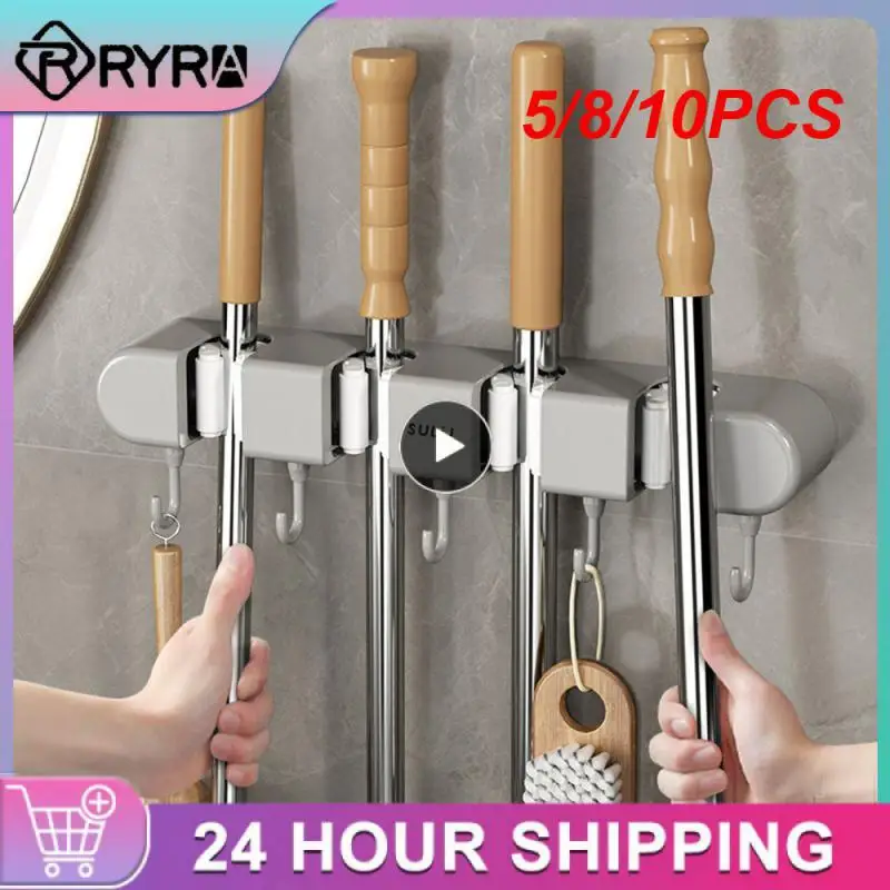 

5/8/10PCS No Trace Paste Wet-resistant Broom Hanger Strong Bearing Capacity Broomstick Hook Storage Rack Solid And Stable
