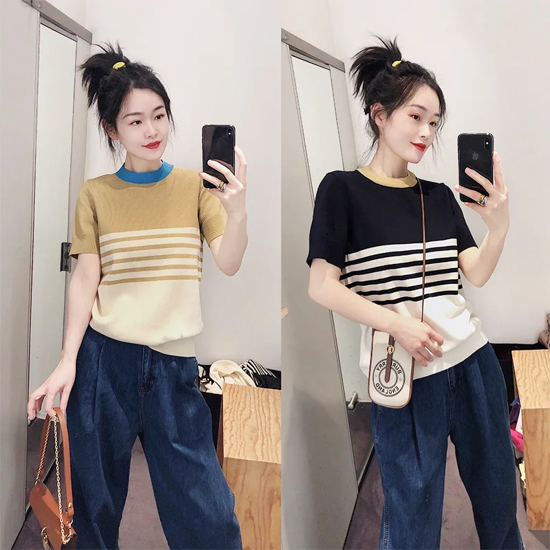 

Khaki Color Knit Striped Patchwork Women Pullovers Sweater Summer Short Sleeves Streetwear Lady Tops T-Shirt
