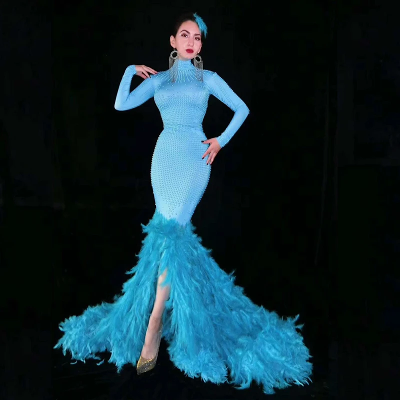 Певица Вечернее платье с длинным хвостом и перьями Синее бусинами Сценическая