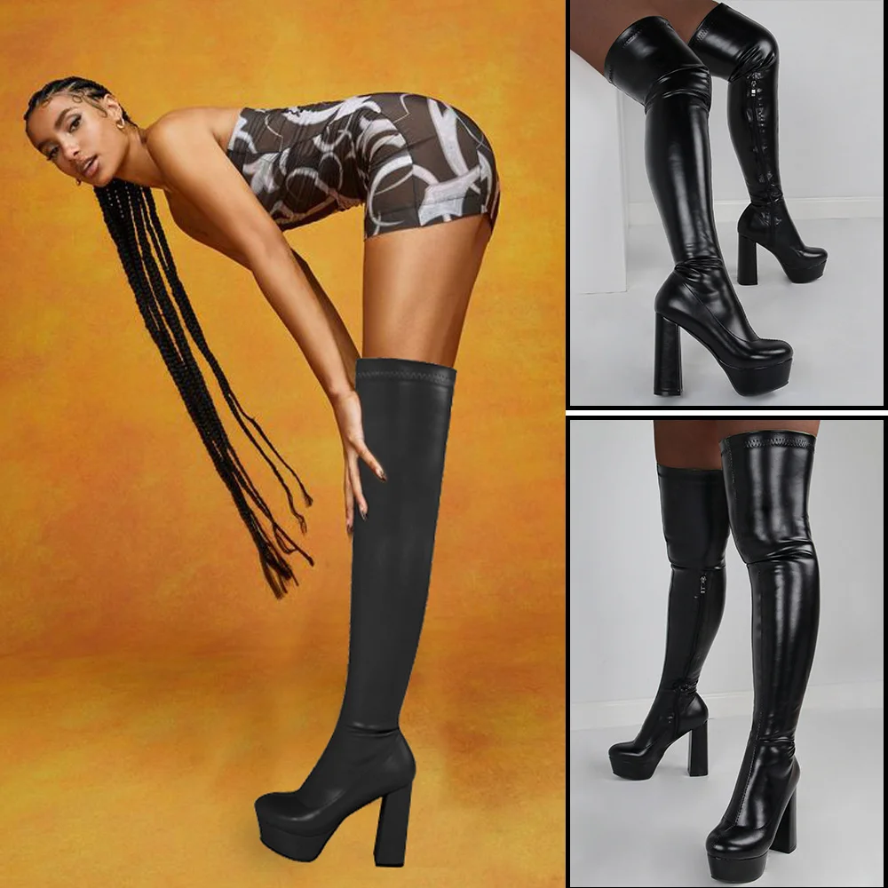 

2021 Winter Waterproof Platform Thick High Heel Side Zipper Elastic Knee High Heel Women's Boots Fashion Leather Booties