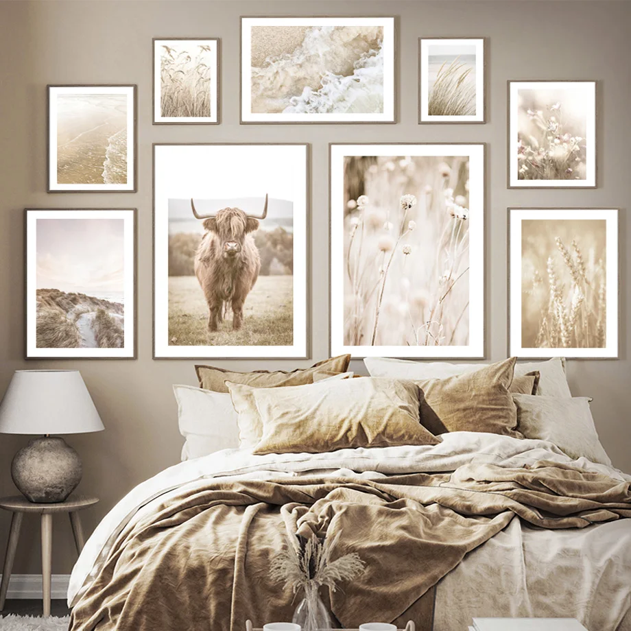 Осенняя природа Корова Трость Пшеничная Трава Пляжные Волны Сухой Цветок Плакат