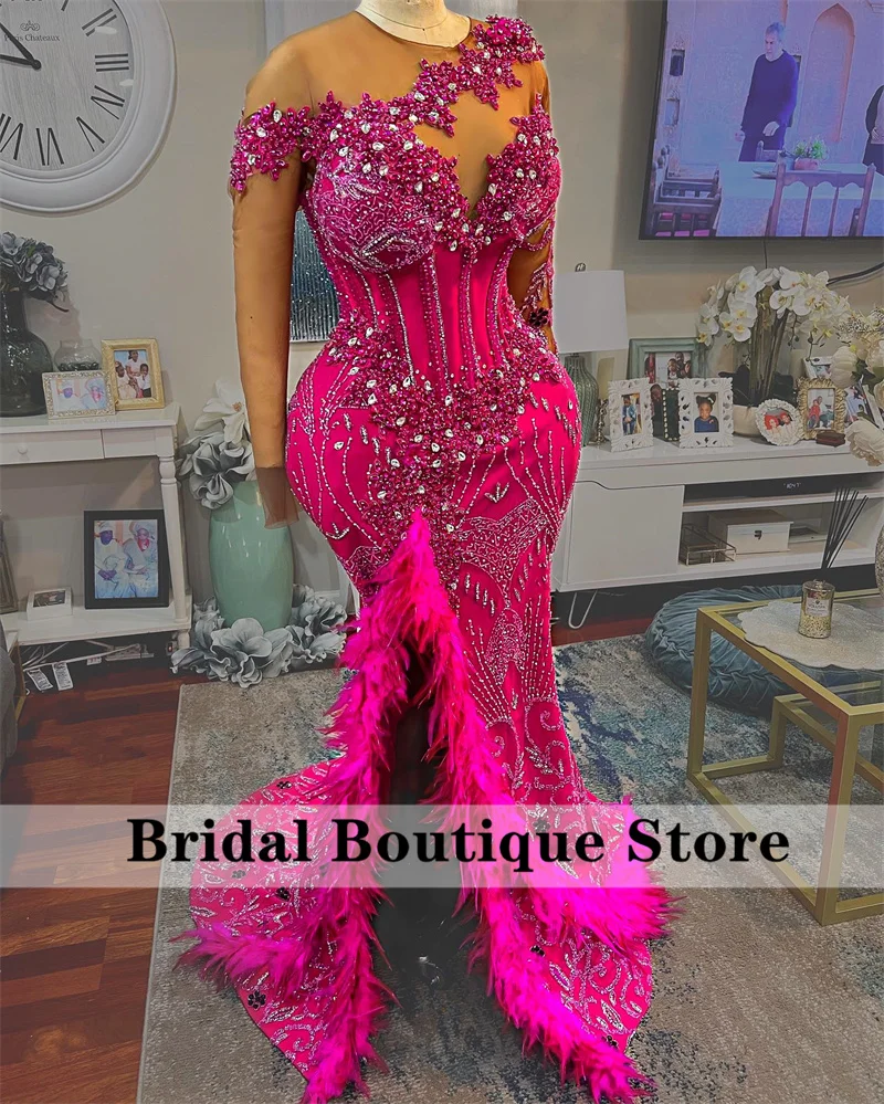 

Luxury Fuchsia Crystal Mermaid Evening Dress 2023 Sheer Sleeves Rhinestones Beading Feathers African Wedding Party Gowns Prom