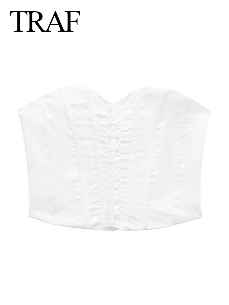 

TRAF Hidden Single Breasted Fishbone Slim Fit Women's Corset Pure White Lace High Class Elegant Lady Short Vest Summer New