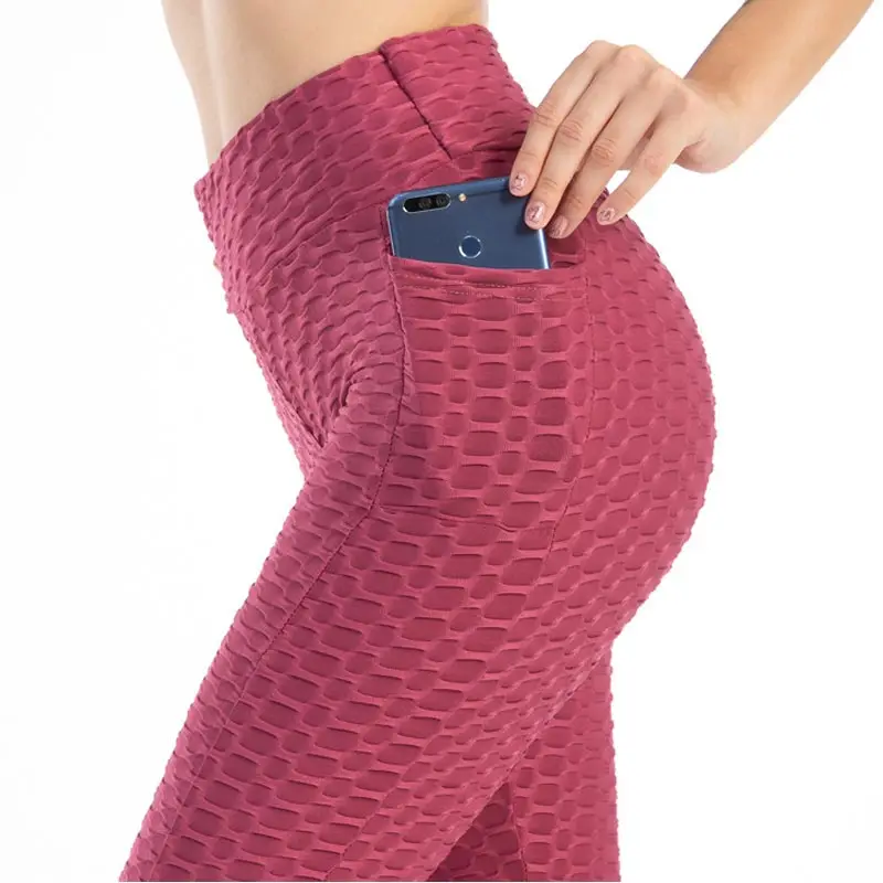 High Waist Hip Lift Sexy Pocket Bubble Pants Women Workout Yoga Leggings Push Ups Running Fitness Solid Color Sports Pants
