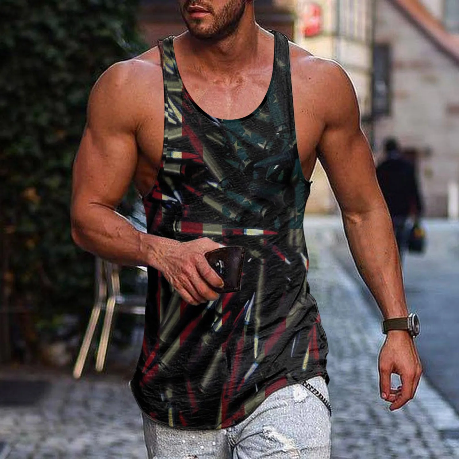 

Black Sport Top Men Men Summer Independence Day Vest Breathable Large Size Casual Sleeveless Top White Top Set Shirt for Men