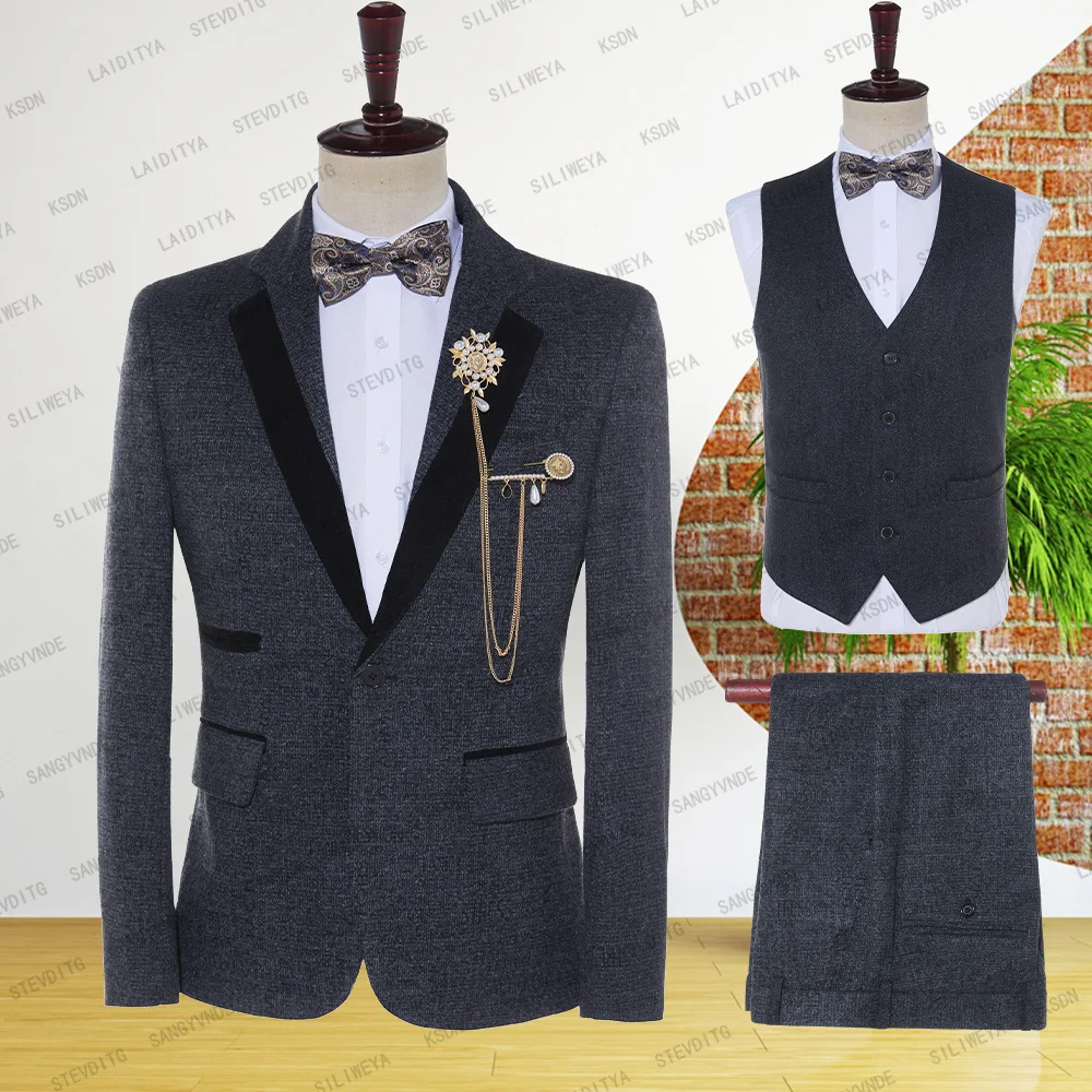 

Мужские высококачественные модные черные и Синие Деловые костюмы высокого качества с разными буквами, мужские облегающие деловые костюмы (куртки + жилет + брюки), 2023