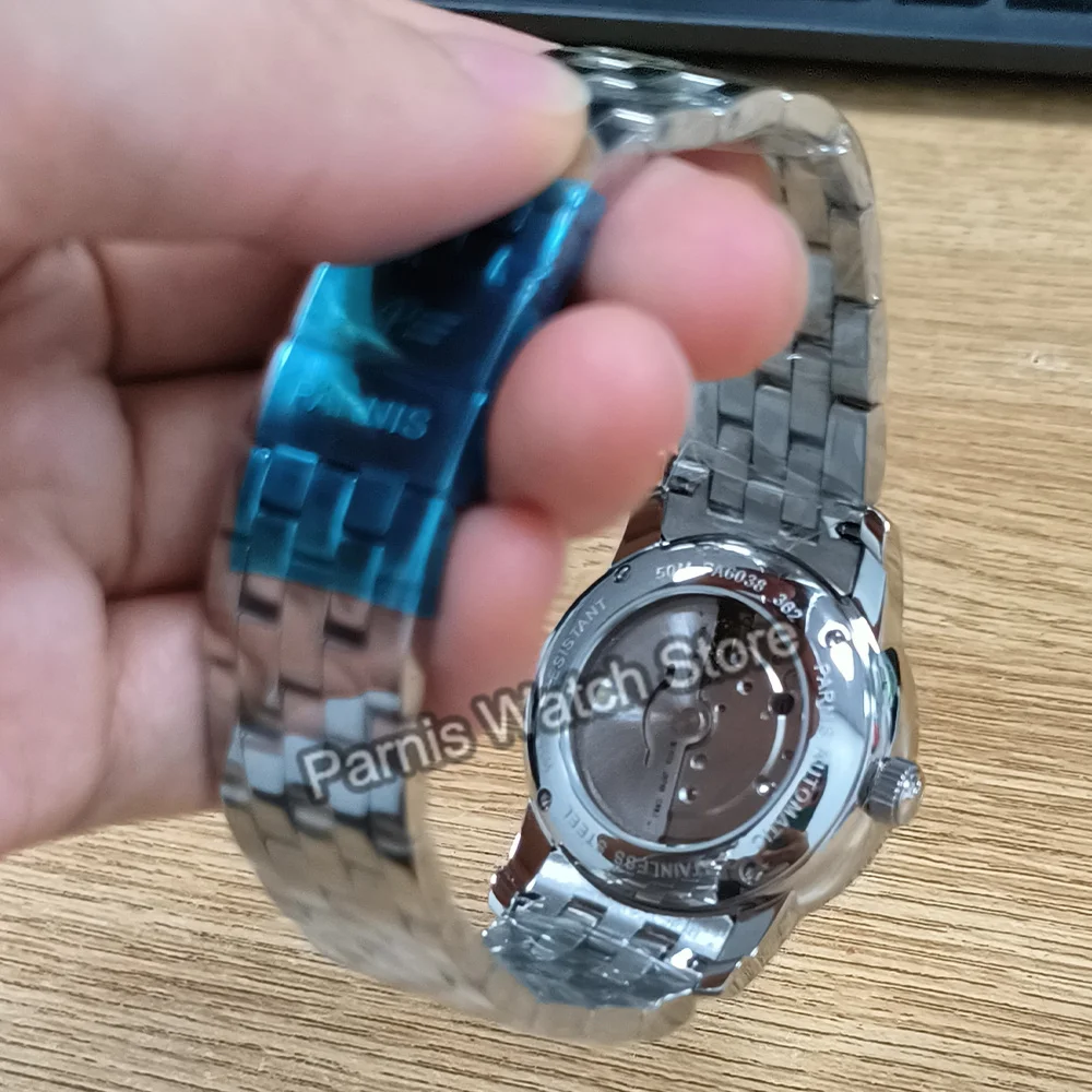 Автоматический белый циферблат Parnis 38 мм Miyota821A голубые знаки мужской