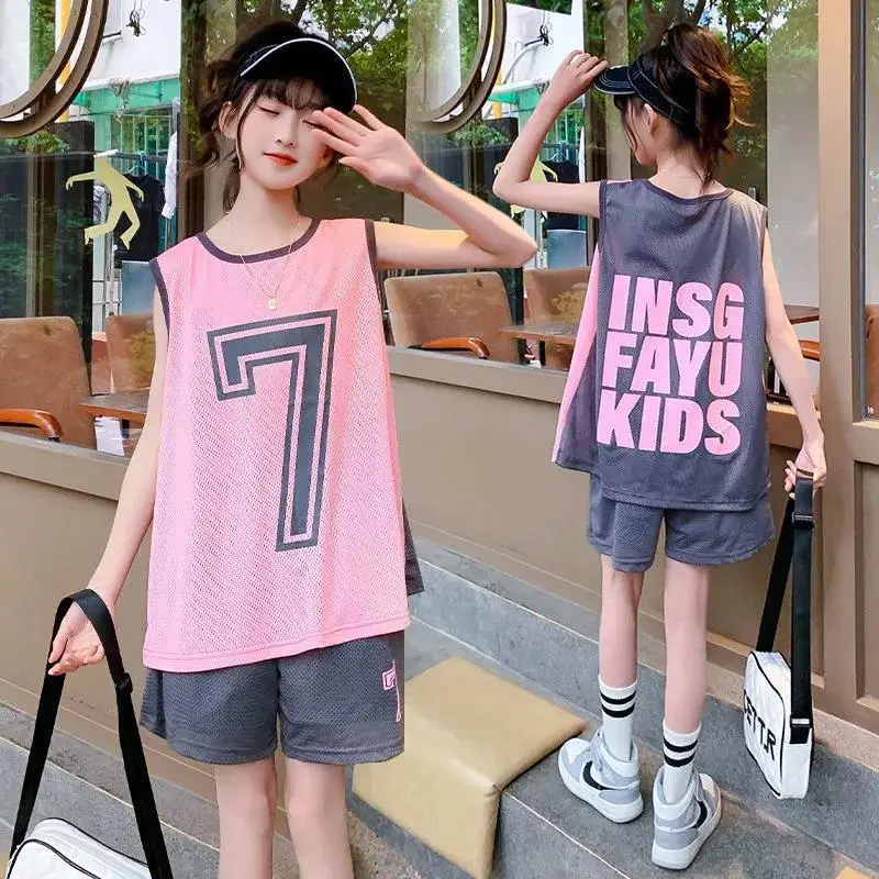 

Girls Sports Suit Summer Children's Casual Basketball Sets Girl Clothes Vest Two-Piece Set Kids Tracksuits for Girl 3-13Y
