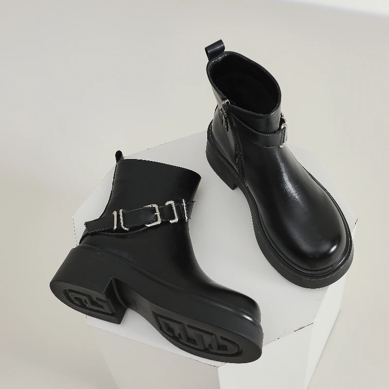 

2024 Women New Mid Heels Shoes Platform Ankle Chelsea Boots Winter Zipper Motorcycle Boots Chunky Gladiator Snow Pumps Botas
