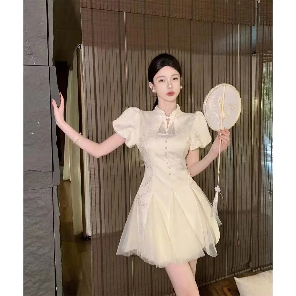 

Vintage stand-up collar Bubble Sleeve stitching mesh yarn high waist Slimming Shaggy princess skirt dress tassel nailed beading