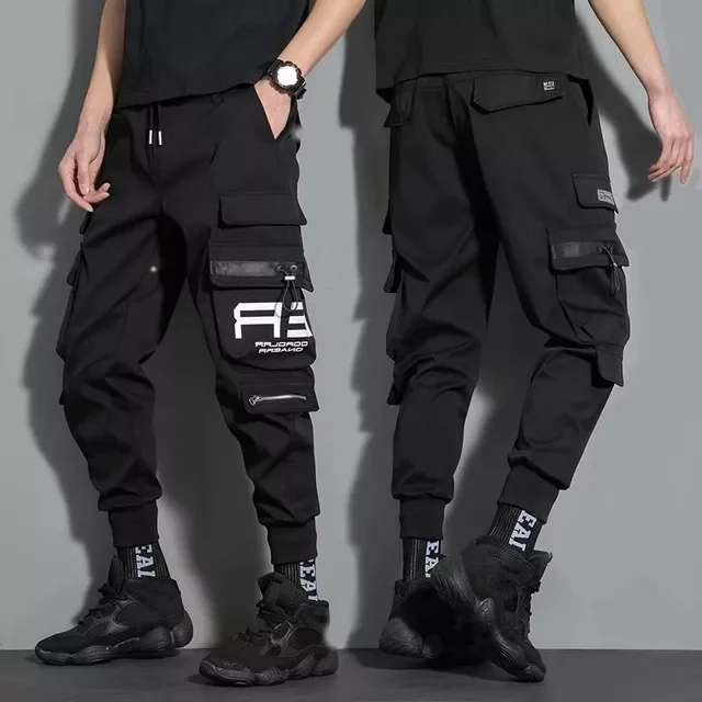 

2023New Hip Hop Black Cargo Pants joggers Sweatpants Overalls Men Ribbons Streetwear Harem Pants Women Fashions Trousers