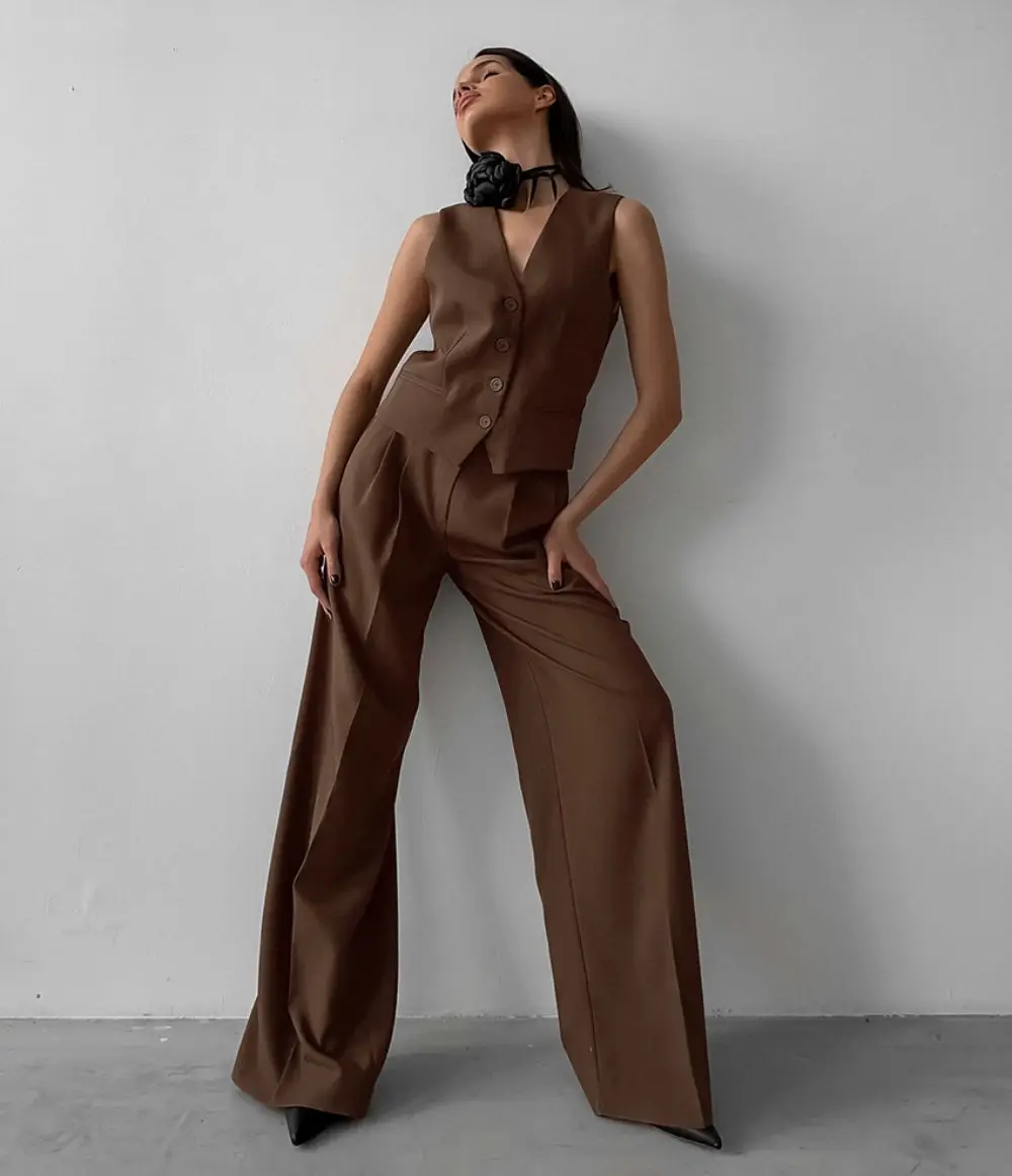Винтажный коричневый брючный комплект для женщин элегантный офисный женский