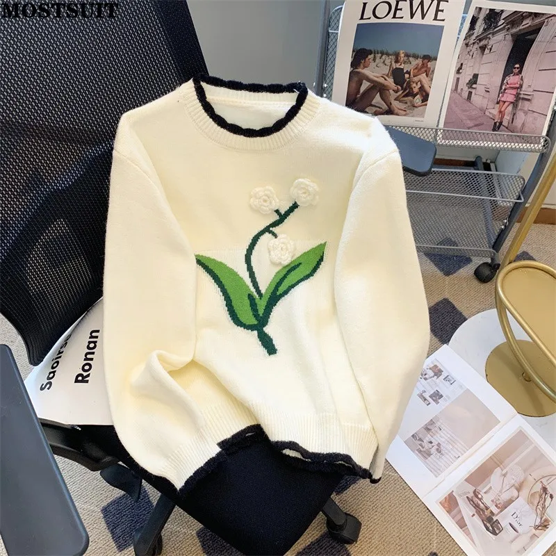 

Женский свободный свитер с цветочным принтом, Повседневный пуловер с длинным рукавом и круглым вырезом, весна 2024