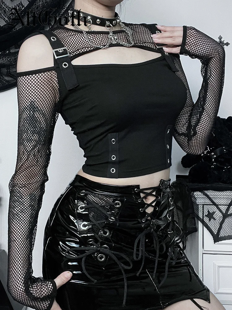 

AltGoth Streetwear Gothic Dark T-shirt Women Cyberpunk Y2k Mesh Patchwork Hollow Out See Through Long Sleeve Crop Tee Tops Femme