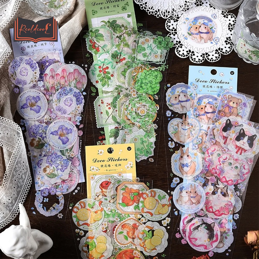 

6pcs/pack Cartoon Cat Flower Stickers PET Plant Transparent Waterproof Daisy Hand Account Decoration DIY Scrapbooking Material