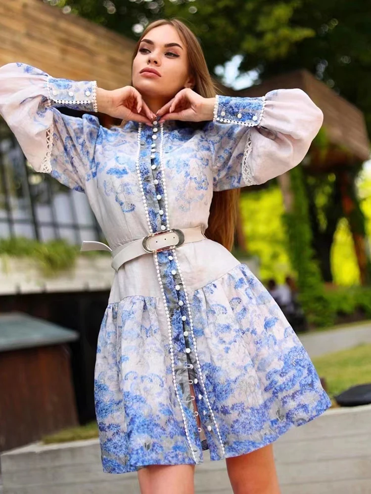 

YouYu Vintage Print Colorblock Dress For Women Stand Collar Puff Sleeve Patchwork Embroidery Mini Dresses Female 2022 Clothing