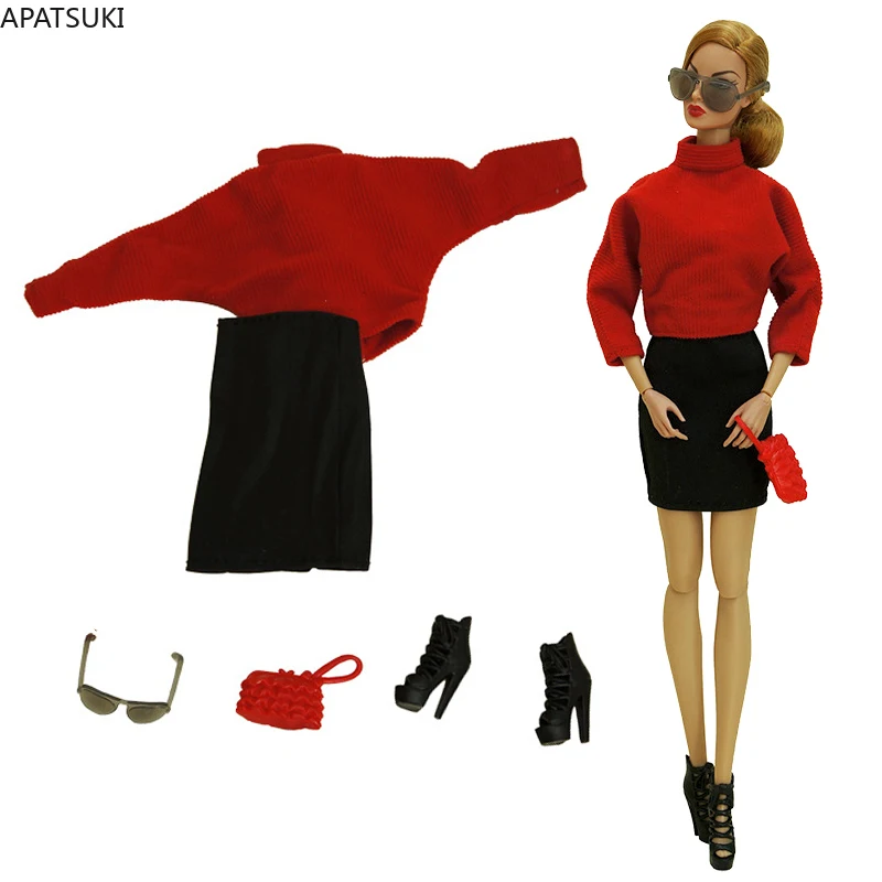 

Комплект одежды для кукол Барби, рубашка, юбка, очки, сумочка, сапоги, игрушки, 1/6