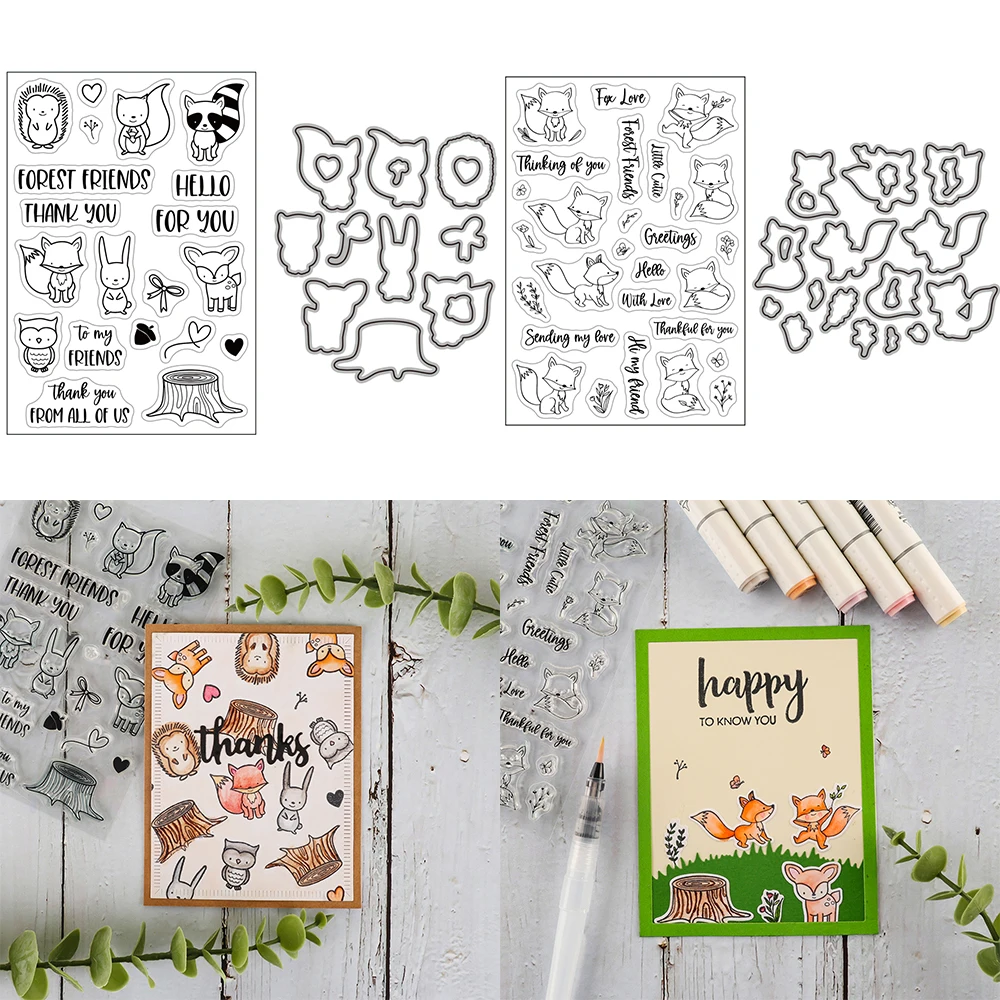 

Little Fox Rabbit Squirrel Outcut Dies match Clear Stamps Sending my love Wishes Words Grass Flower Trunk DIY Scrapbooking 2022