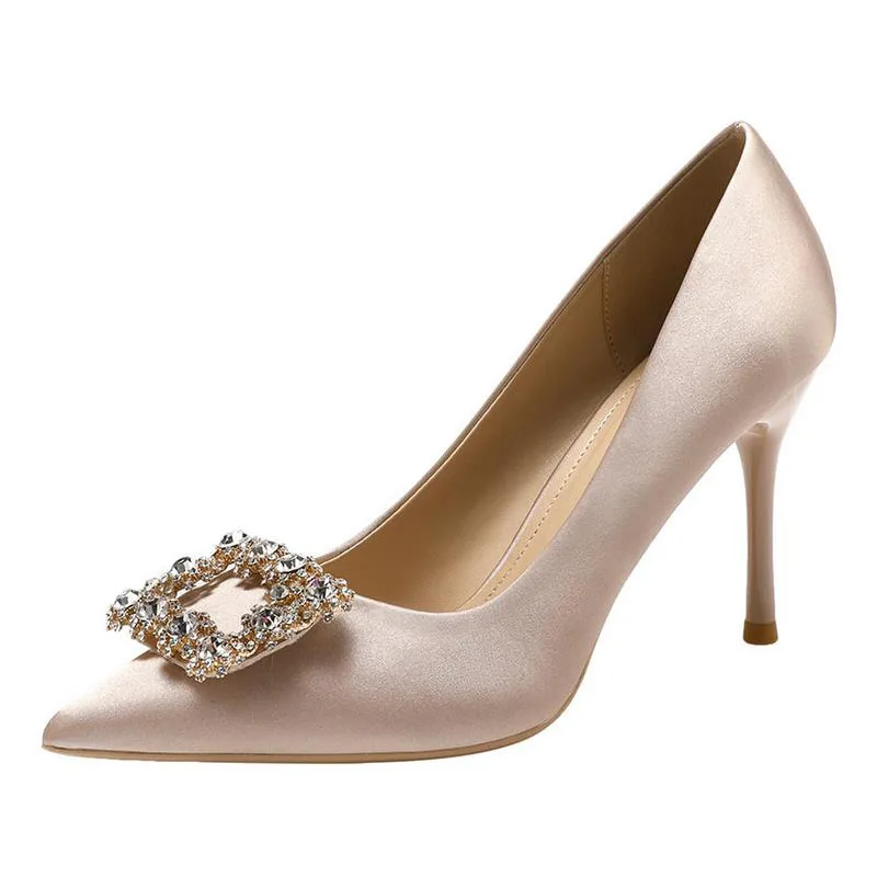 

6cm New Fashion Rhinestone High Heels Satin Wedding Bride Plus Size Women Shoes 41 42 43